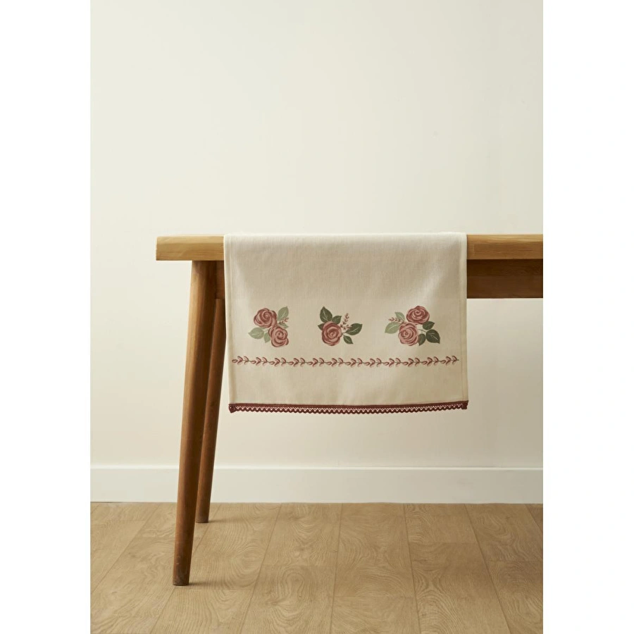 Bella Maison Rose Baskılı Kopanakili Runner Krem (50x150 Cm) Krem
