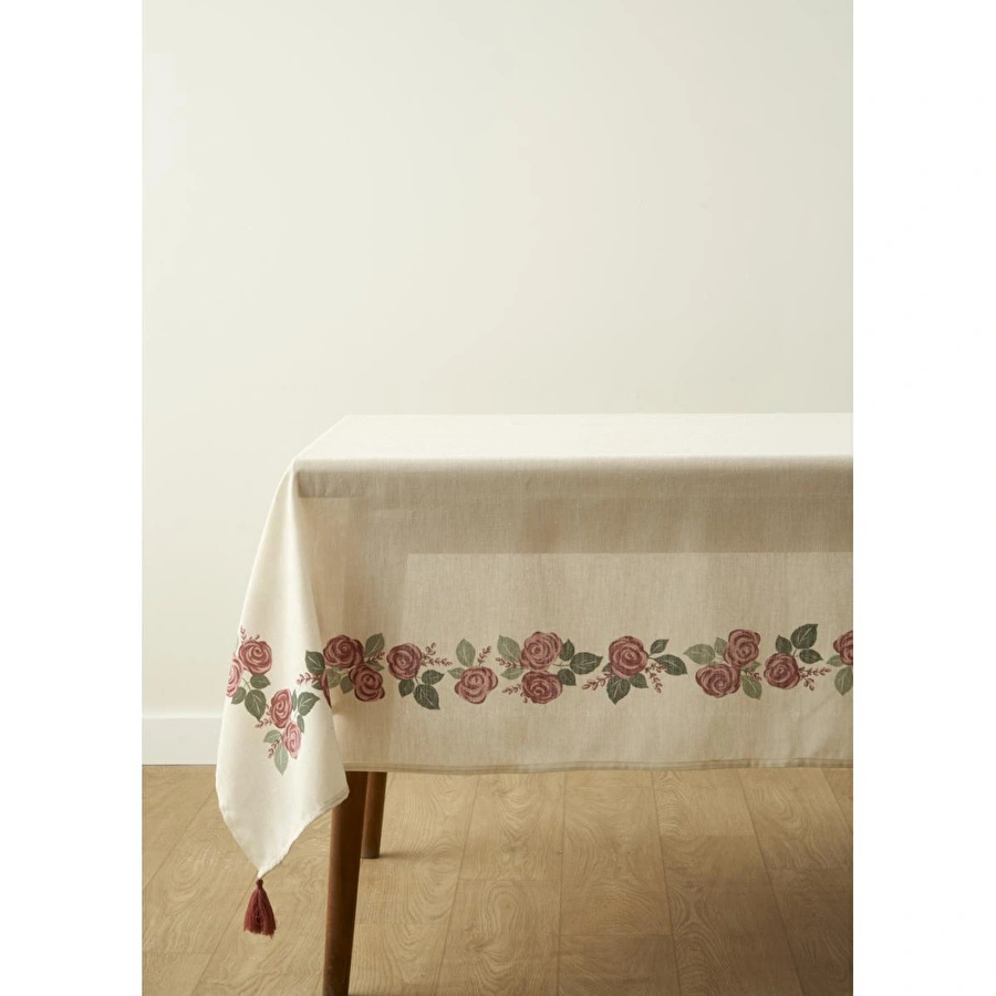 Bella Maison Rose Baskılı Masa Örtüsü Krem (150x250 Cm) Krem