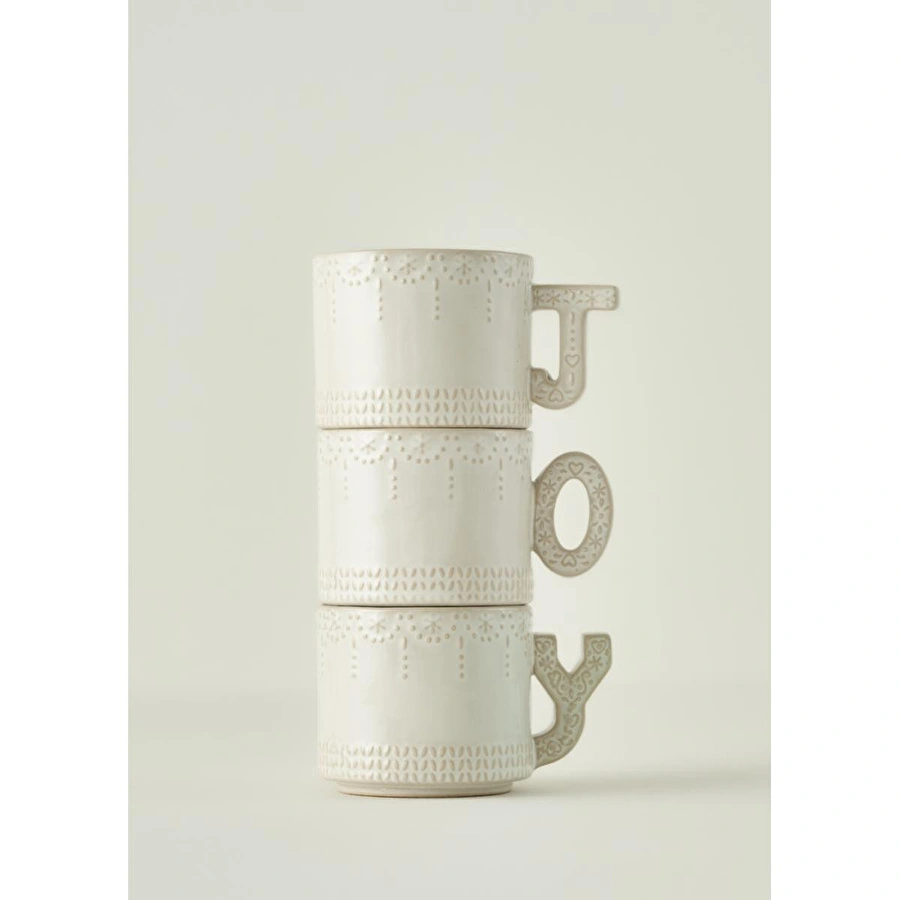 Bella Maison Joy Stoneware Yılbaşı 3'lü Kupa Seti Krem (390 Cc) Krem