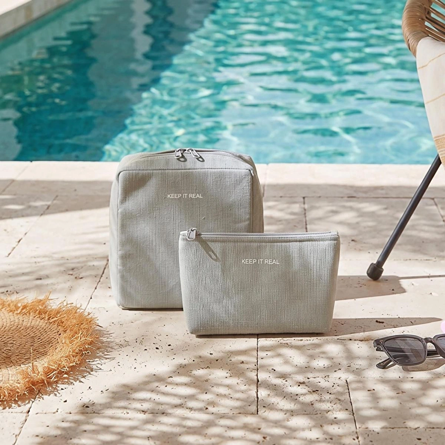 Ocean Home Textile 2'li Termal Astarlı Su İtici Leke Tutmaz Gri Renk Jüt Keten Makyaj İlaç Çantası Seti 19 X 13 X 7 / 20 X 21 X 11