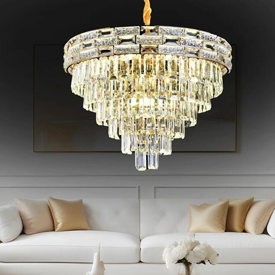 Apliqa Dolares 60'lık Gold 40 Watt Kristal Taşlı Oturma Odası, Modern Salon Avize