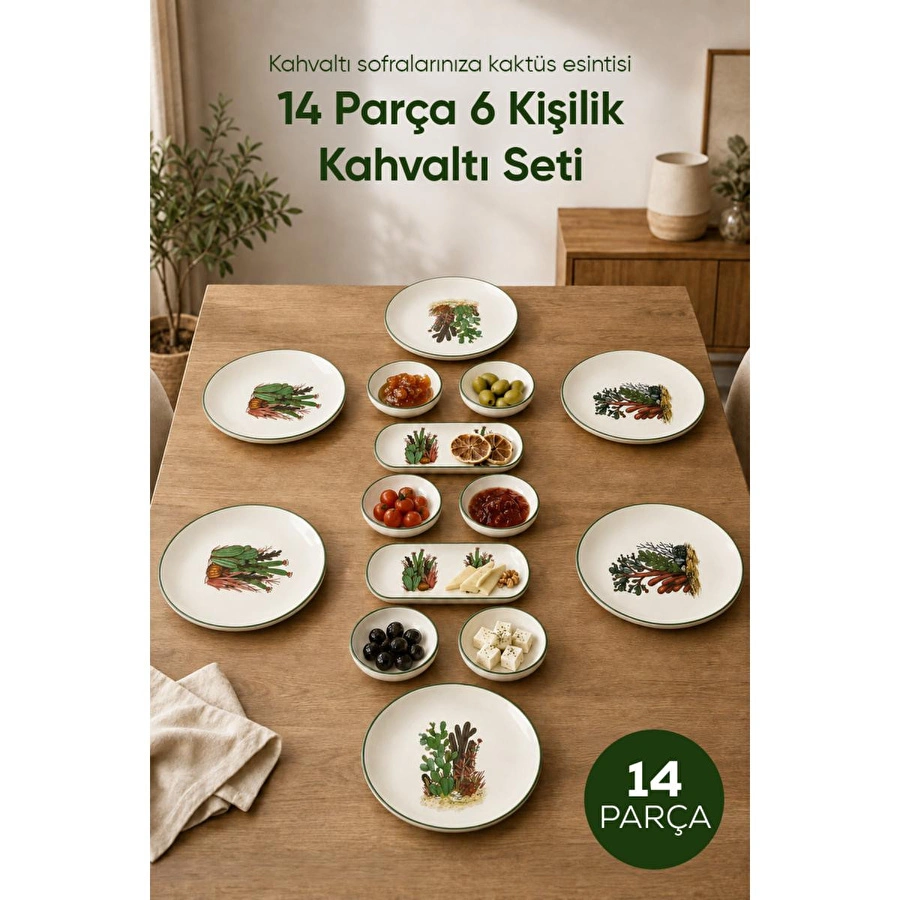 Vienev Kaktüs Desenli 14 Parça 6 Kişilik Seramik Kahvaltı Takımı Servis Sunum Tabaklı Dekoratif Sofra Seti