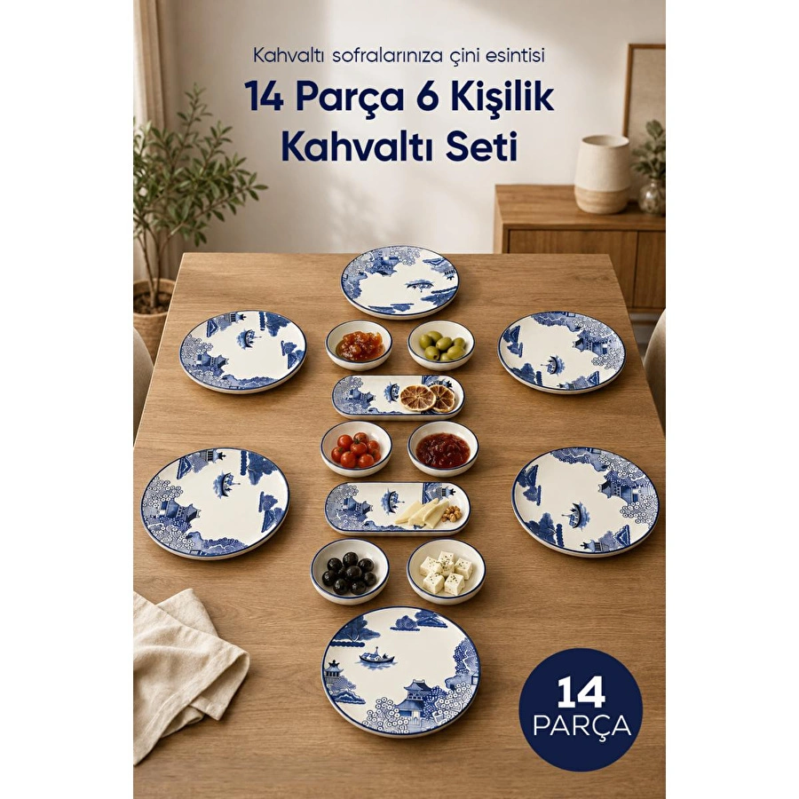 Vienev Mavi Çini Desenli 14 Parça 6 Kişilik Seramik Kahvaltı Takımı Servis Sunum Tabaklı Dekoratif Sofra Seti