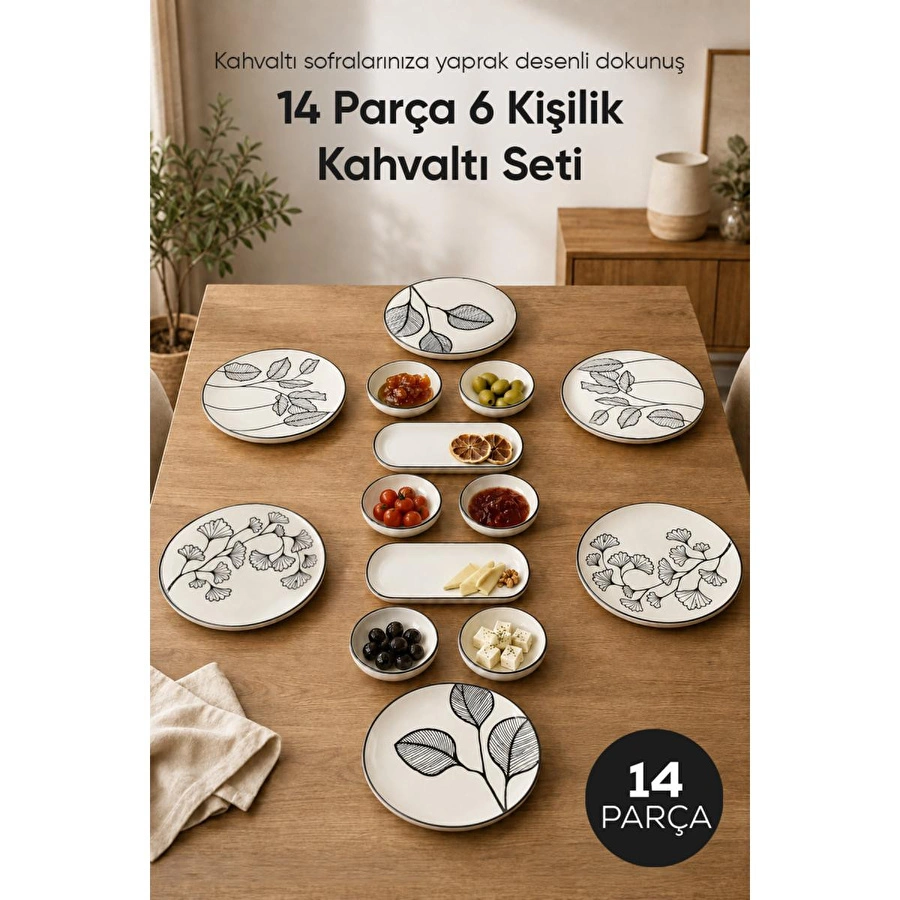 Vienev Siyah Yaprak Desenli 14 Parça 6 Kişilik Seramik Kahvaltı Takımı Servis Sunum Tabaklı Dekoratif Sofra Seti