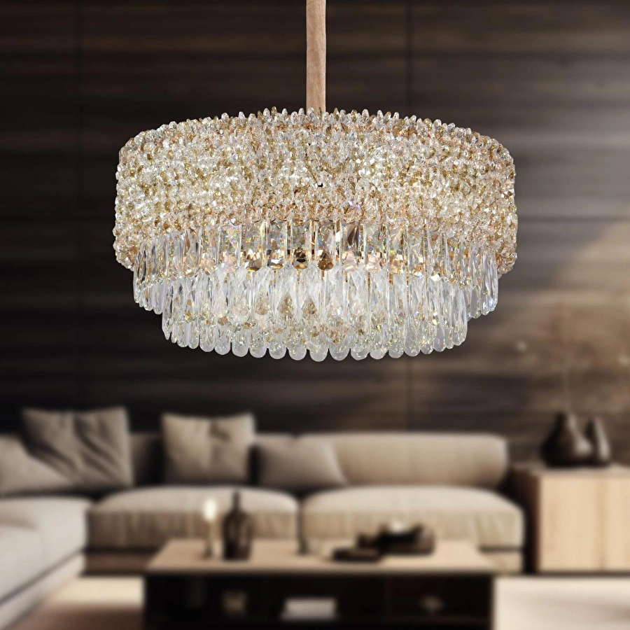 Apliqa Liana 60 Lik Gold Kaplamalı Modern Tasarım Salon Kristal Sarkıt Avize