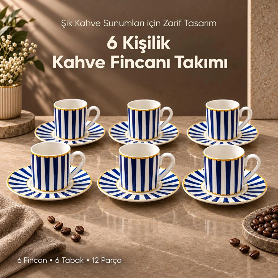 Vienev 6 Kişilik Mavi Çizgili Porselen Kahve Fincanı Takımı 12 Parça Altın Yaldız Detaylı Şık Sunum Seti