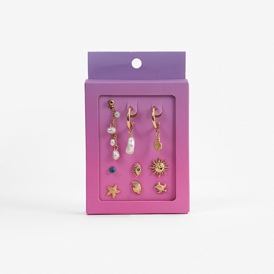 Flying Tiger Copenhagen 9'lu İncili Deniz Kabuğu Detaylı Küpe Seti