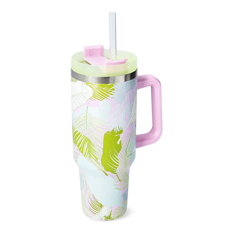 Flying Tiger Copenhagen Yeşil Tropikal Desenli Pipetli Paslanmaz Çelik Matara